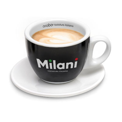 taza cafe con leche en grano milani tueste tostado italiano arabo coffee roasters